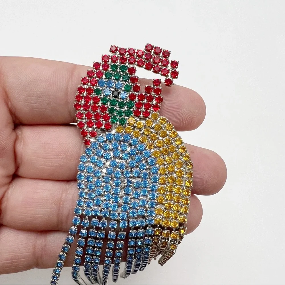 Multicolor Rhinestone Parrot Macaw Bird Long Fringe Brooch Pin